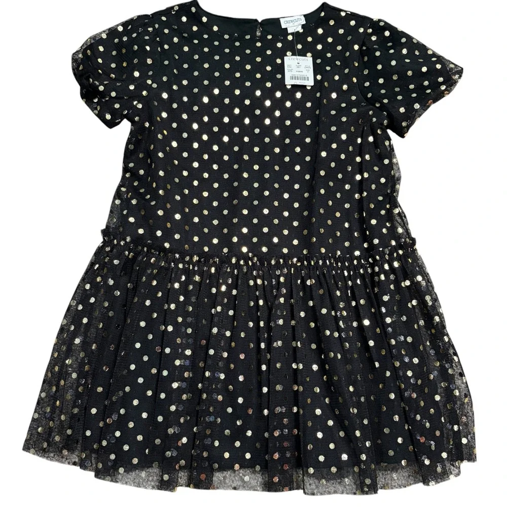 Crewcuts Dress Girl 7 NWT Black Gold Polka Dot Tulle Short Sleeve Holiday Party